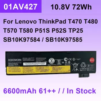 Аккумулятор 01AV427 SB10K97584 для ноутбука Lenovo ThinkPad T470 T480 T570 T580 P51S P52S A475 A485, 61 ++, 10,8 В, 72 Вт/ч, 6600 мАч