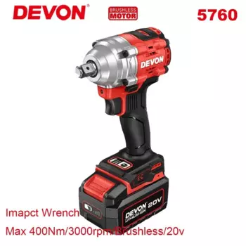Аккумуляторный ударный гайковерт Devon 5760, бесщеточный двигатель, 20 В, макс. 400 Нм, 4200 нимп, 3 скорости и регулируемый крутящий момент, универсальная гибкая батарея