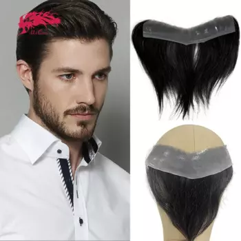 Ali Queen Hair Мужской парик V-образный стиль Фронтальная 100% человеческие волосы 0,08-0,1 мм Тонкая кожа PU Базовый кусок для мужчин V-образная петля парик для волос