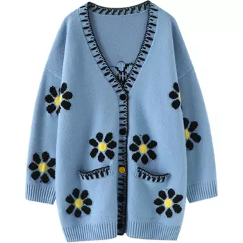 Aliaga Европейская мода зима цветочный жаккард 100% кашемировая верхняя одежда v-образный вырез длинный рукав женский кардиган большого размера