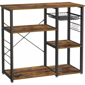ALINRU Кухонная подставка для пекаря, кофейни, подставка для микроволновой печи, со стальной рамой, проволочная корзина, 6 крючков, 35,4 дюйма, деревенский орех