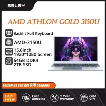 AMD-3150U 15,6-дюймовый ноутбук 64 ГБ оперативной памяти 2 ТБ SSD DDR4 Win11 HD камера отпечатков пальцев разблокировки клавиатуры с подсветкой портативность игровой компьютер