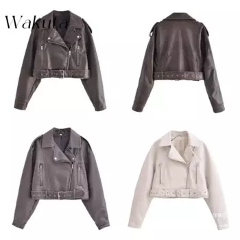 Американская классическая куртка-поло WAKUTA из искусственной кожи с длинным рукавом, женские пальто, уличная мода, байкерские куртки из мытой искусственной кожи с карманами