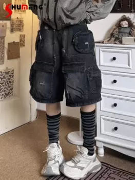 Американская Популярная уличная одежда для девушек, черные шорты-карго, женские свободные джинсовые шорты с высокой талией, женские шорты для тяжелой промышленности