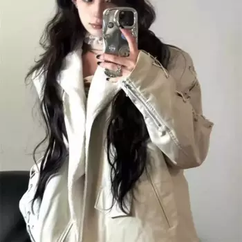 Американская ретро куртка из искусственной кожи мотоциклетная куртка Женская Осень/Зима 2024 новый дизайн свободная и утепленная куртка с меховым воротником