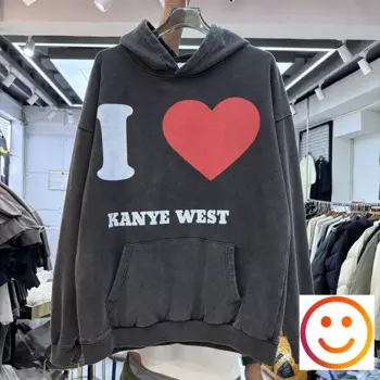 Американская уличная одежда Washed Do Old KANYE WEST Red Heart Logo Concert Ретро Свободная толстовка с капюшоном для мужчин и женщин Толстовка из тяжелой ткани с капюшоном
