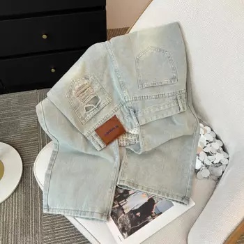 Американские ретро джинсы в стиле Хай-стрит, разноцветные перфорированные прямые джинсы для женщин, узкая версия, прямые широкие брюки