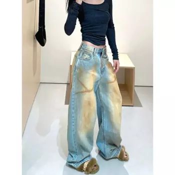 Американские винтажные стирающиеся модные широкие брюки с высокой талией, новинка 2024, свободные облегающие джинсы с высокой талией для женщин