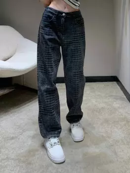 Американские женские джинсы модные, изысканные, простые, универсальные, ретро клетчатые джинсы, прямые брюки, которые выглядят стройными