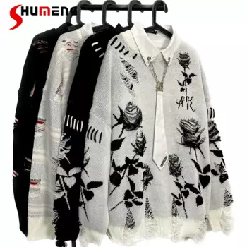 Американский ретро студенческий стиль трикотаж с длинными рукавами мужской повседневный стиль рваный свитер с розой пальто с круглым вырезом Sueter пуловеры осень