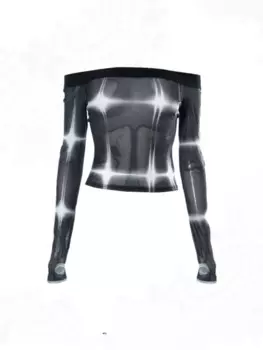 Американский стиль острых девушек, топ с 3D принтом на одно плечо, тонкая сексуальная облегающая сетчатая Прозрачная Футболка с длинным рукавом