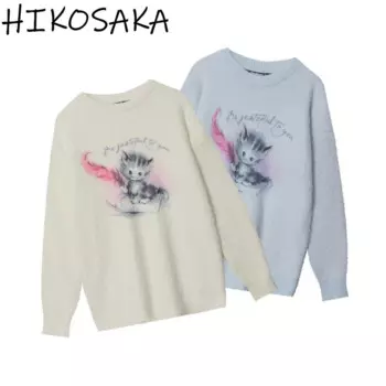 Американский винтажный жаккардовый пуловер с милым котом и круглым вырезом, повседневные свободные универсальные свитера для пар, Мягкий Топ с длинным рукавом Y2k