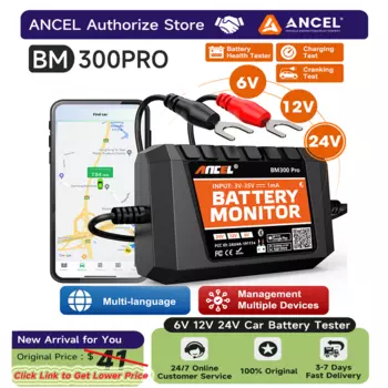 ANCEL BM300 Pro Bluetooth 6 В 12 В 24 В Тестер автомобильного аккумулятора Анализатор здоровья аккумулятора Тестер зарядной системы разрешения Монитор аккумулятора