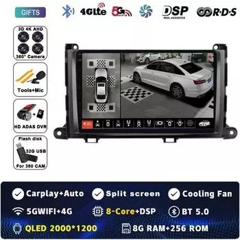 Android14 для Toyota Sienna 2009 2010 2011 2012 2013 2014 автомобильный радиоприемник навигация мультимедийный плеер стерео GPS WiFi + 4G Carplay + автоматический