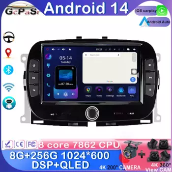 Android 14 беспроводной Carplay для FIAT 500 2016 2017 2018 2019 7-дюймовый автомобильный мультимедийный плеер 5G Wifi GPS Bluetooth сенсорный дисплей