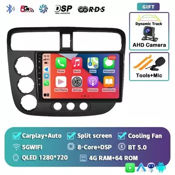 Android 14 Carplay авто автомобильный радиоприемник мультимедийный плеер для Honda Civic 7 2000-2006 навигация авторадио GPS стерео 2din головное устройство