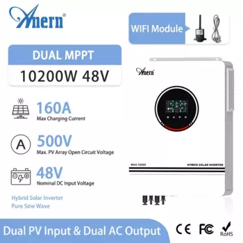 Anern 10,2 кВт 8,2 кВт автономный солнечный инвертор с двойным выходом MPPT 160A чистый синусоидальный инвертор 48 В гибридный макс. фотоэлектрический 500 В