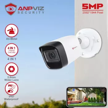 Anpviz 5MP Аналоговая камера видеонаблюдения 4-в-1 (TVI/AHD/CVI/CVBS) Пулевая камера наблюдения TVI Металлический корпус IP67 Водонепроницаемый объектив 2,8 мм