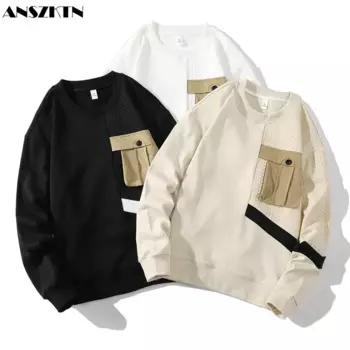 ANSZKTN осенний тренд мужской пуловер с круглым вырезом Мужская толстовка с круглым вырезом и карманами