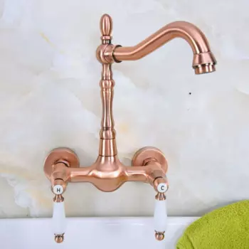 Античный красный медный настенный поворотный носик для ванной и кухни смеситель для раковины смеситель с двойной керамической ручкой tnf947