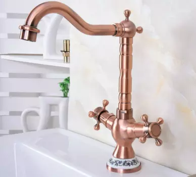Античный поворотный из красной меди смеситель для раковины в ванной комнате, кухонный смеситель для раковины холодной и горячей воды Dnfrr01