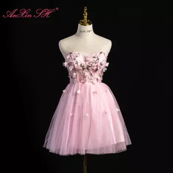 AnXin SH принцесса розовое кружево без бретелек с бисером маленький цветок кристалл индивидуальное короткое вечернее платье Маленькое красочное платье
