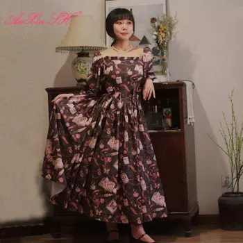 AnXin SH винтажное шифоновое вечернее платье принцессы с принтом кофе и розовым бантом в форме сердца, с пышными рукавами и оборками на молнии, трапециевидное вечернее платье по индивидуальному заказу