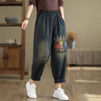 Aricaca женские джинсы с высокой талией, повседневные длинные брюки с вышивкой