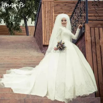 Атласное Бальное Платье YNQNFS MW39, с длинными рукавами и кружевной аппликацией, роскошный хиджаб, мусульманские свадебные платья подружки невесты, 2024