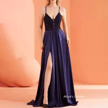 Атласное кружевное платье-трапеция на бретельках с V-образным вырезом без рукавов с вышивкой на шнуровке сзади с Высоким Разрезом Вечернее платье со шлейфом