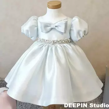 Атласное платье с жемчугом для девочек, новинка 2024, платья принцессы с жемчугом, детское свадебное платье для маленьких девочек, милые платья принцессы с пышными рукавами