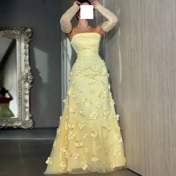 Атласное прямое вечернее платье до пола, желтое платье со съемными рукавами 3/4, элегантное плиссированное платье со шлейфом и цветами