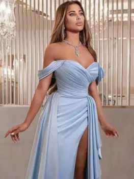 Атласное светло-голубое вечернее платье, женское официальное свадебное платье с высоким разрезом, роскошное плиссированное платье с открытыми плечами
