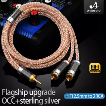 Аудиокабель ATAUDIO HIFI с разъемом 2,5 мм на 2 RCA, Восьмиядерный и посеребренный стереокабель, бесшумный для iPhone, MP3, DVD-усилитель