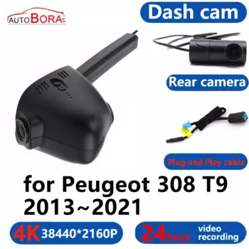 AutoBora 4K Wifi 3840*2160 Автомобильный видеорегистратор, видеорегистратор, 24-часовой видеомонитор для Peugeot 308 T9 2013 2014 2015 2016 2018 2019 2020 2021