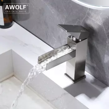 Awolf Никелевый матовый смеситель для ванной комнаты Смеситель для горячей и холодной воды из твердой латуни Смеситель для раковины с водопадом установленный на палубе с одной ручкой ML8133