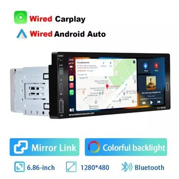 Автомагнитола 1DIN Podofo, Универсальная автомобильная стереосистема Carplay MP5 с сенсорным экраном 6,86 дюйма, Bluetooth, FM-радиоприемником, интерфейсом TF/USB