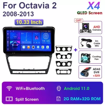Автомагнитола 2 Din на Android 11, мультимедийный видеоплеер 10,33 дюйма для SKODA Octavia 2 A5 2007 - 2014 QLED экран, стерео Carplay, авто 4G