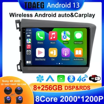Автомагнитола carplay 256G для Honda Civic 9, FB, FK, FD, 2011 - 2015