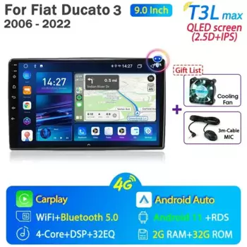 Автомагнитола для Fiat Ducato 3 2006-2022 Android 12, мультимедийный плеер 2 Din Carplay стерео 4G GPS, головное устройство, автонавигатор, аудио