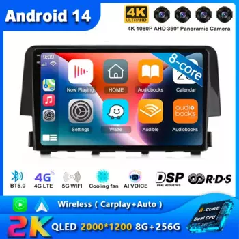 Автомагнитола для Honda Civic 10, 2016, 2017, 2018, 2019, 2020, Android 14, стерео, мультимедийный видеоплеер, GPS, беспроводное головное устройство для Carplay