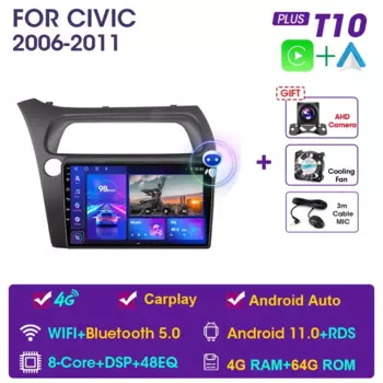 Автомагнитола JMCQ, 2Din, Android 11, мультимедийный видеоплеер для Honda Civic Hatchback 2006-2011, Carplay, 2 din, dvd, головное устройство