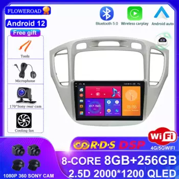 Автомагнитола на Android 12 для Toyota Highlander 2000-2007, мультимедийный проигрыватель с GPS-навигацией, DSP 360, Автомагнитола для Carplay, 2 din, DVD