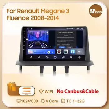 Автомагнитола на Android 13 для Renault Megane 3 Fluence 2008 - 2014 с видеоплеером и GPS-навигацией, 4G, Wi-Fi