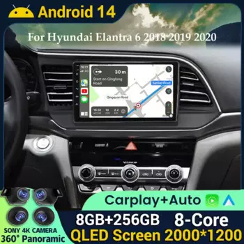 Автомагнитола на Android 14, мультимедийный видеоплеер для Hyundai Elantra 6 2018-2020 с GPS-навигацией, беспроводная Автомагнитола для Carplay