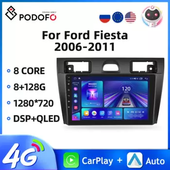 Автомагнитола Podofo 2DIN на Android для Ford Fiesta 2006-2011, мультимедийный видеоплеер с GPS-навигацией, 4G, беспроводная Автомагнитола для Carplay DSP