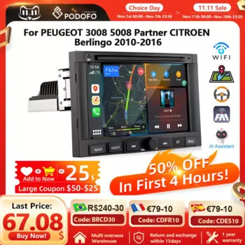Podofo 7 "автомобильный радиоприемник мультимедийный плеер для PEUGEOT 3008 5008 Partner CITROEN Berlingo 2010-2016 Carplay Android авто WIFI радио