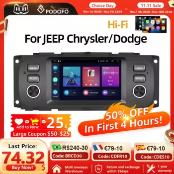 Автомагнитола Podofo, мультимедийный плеер на Android, с 5 "экраном, GPS, для JEEP Cherokee, Dodge Chrysler