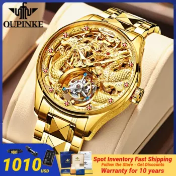 Автоматические часы OUPINKE 3176 с золотым Драконом и турбийоном, роскошные брендовые механические водонепроницаемые мужские часы с вольфрамовым стальным ремешком