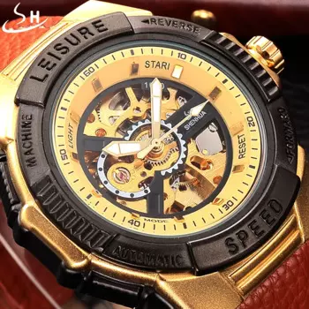 Автоматические механические часы, мужские часы-скелетоны SHENHUA, роскошные брендовые часы с кожаным ремешком, спортивные часы в стиле милитари